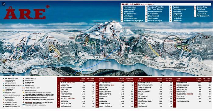 Pistkarta över Åres hela skidsystem. Björnen/Sadeln på den östra delen av Skutan.