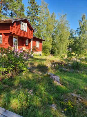 Timmerhus nära hav och skog