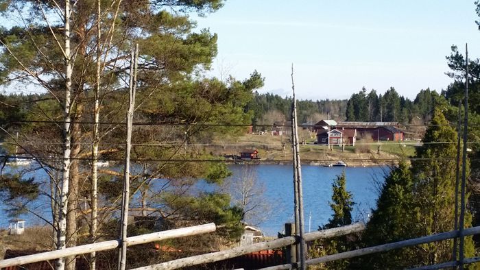 Utsikten från värdens gräsmatta över viken mot bondgården.