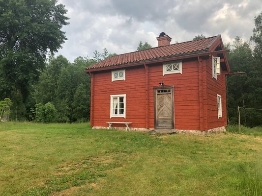 Mysig timmerstuga vid vattenspegel